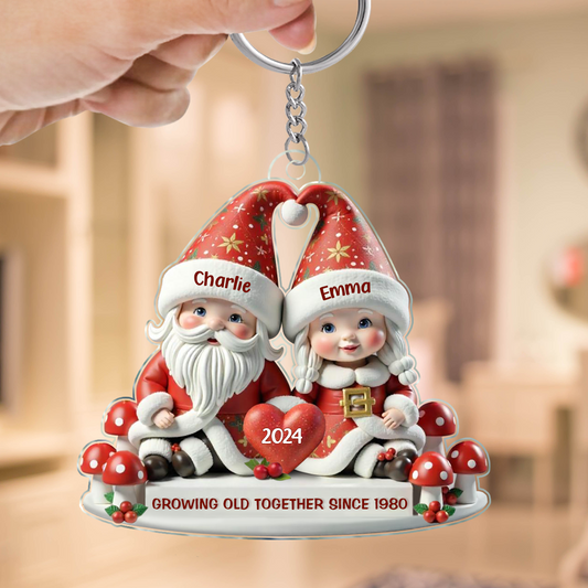 3D Effect Gnome Couple Personalized Acrylic Keychain Ornament, Valentine's Gift For Him, For Her, Husband, Wife