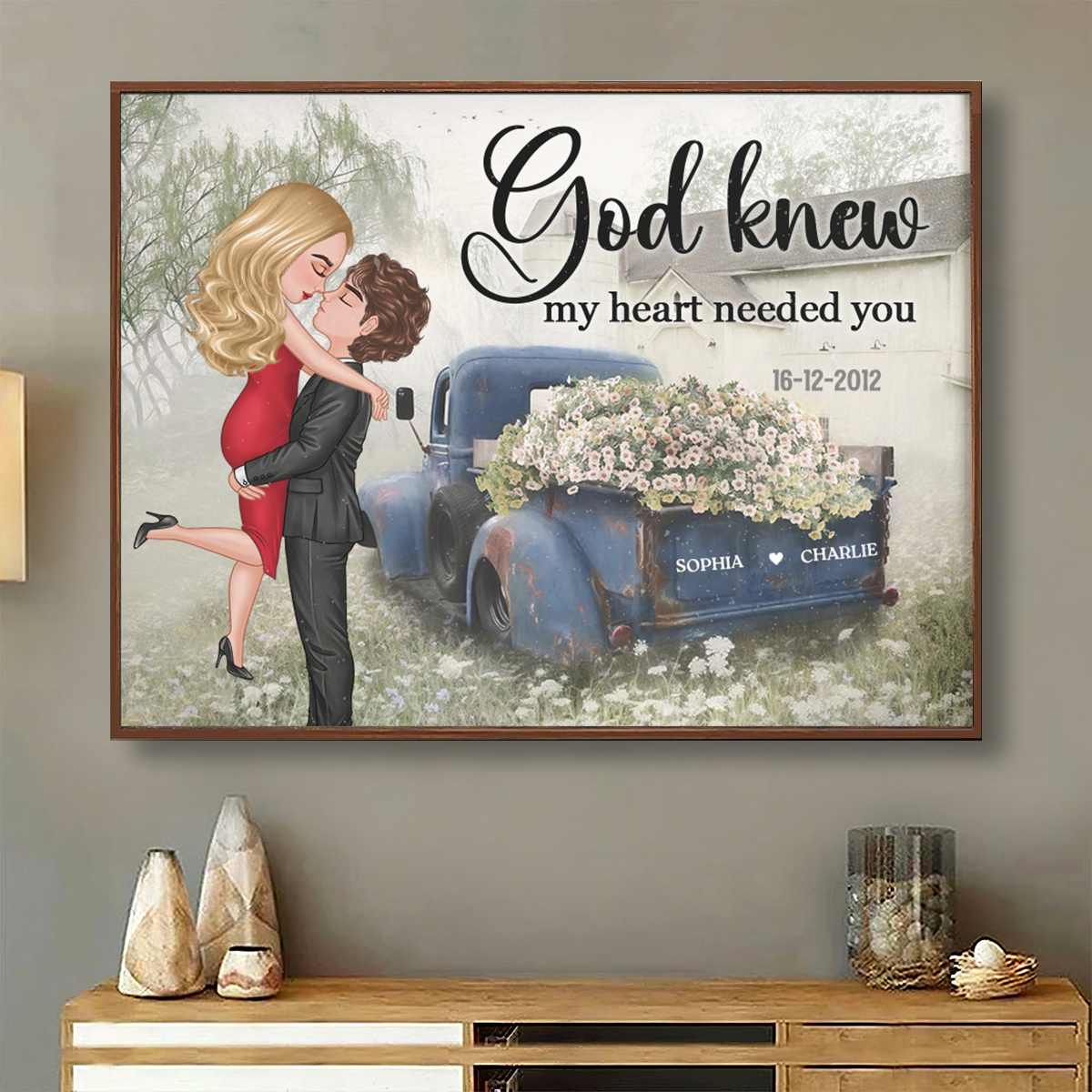 Red Vintage Truck Farmhouse Couple Hugging Kissing Personalized Poster, Anniversary Valentine's Day Gift For Him, For Her