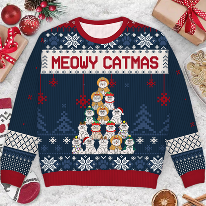 Meowy Catmas Christmas Tree Cartoon Style - Gift For Cat Lovers - Personalized Unisex Ugly Sweater