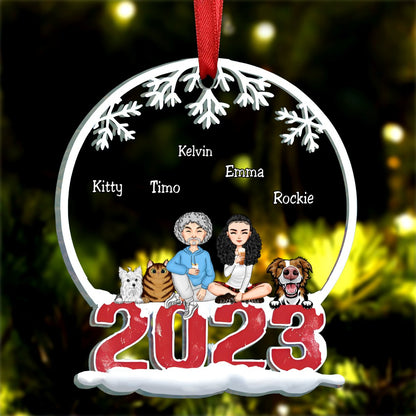 Pet Lovers - Couple & Pets Merry Christmas - Personalized Acrylic Ornament (BU) - Makezbright Gifts