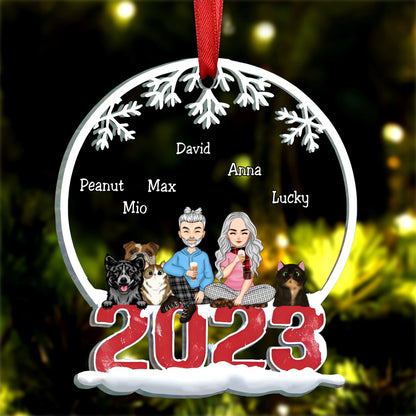 Pet Lovers - Couple & Pets Merry Christmas - Personalized Acrylic Ornament (BU) - Makezbright Gifts