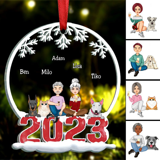 Pet Lovers - Couple & Pets Merry Christmas - Personalized Acrylic Ornament (BU) - Makezbright Gifts