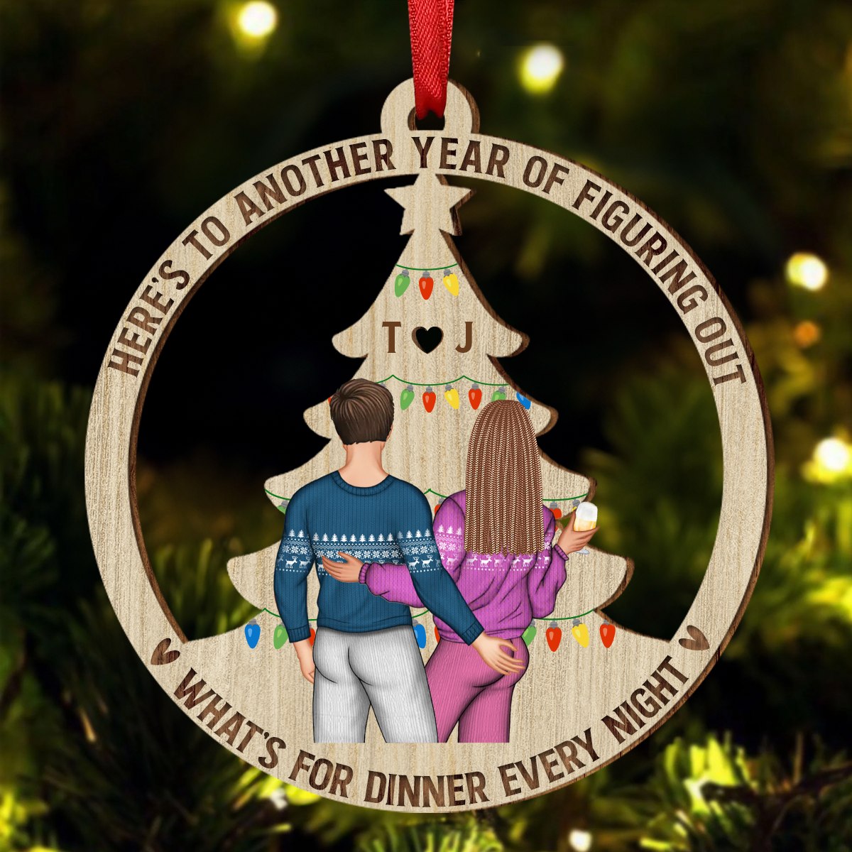 Christmas Couple Figuring Out Dinner - Personalized Wooden Cutout Ornament