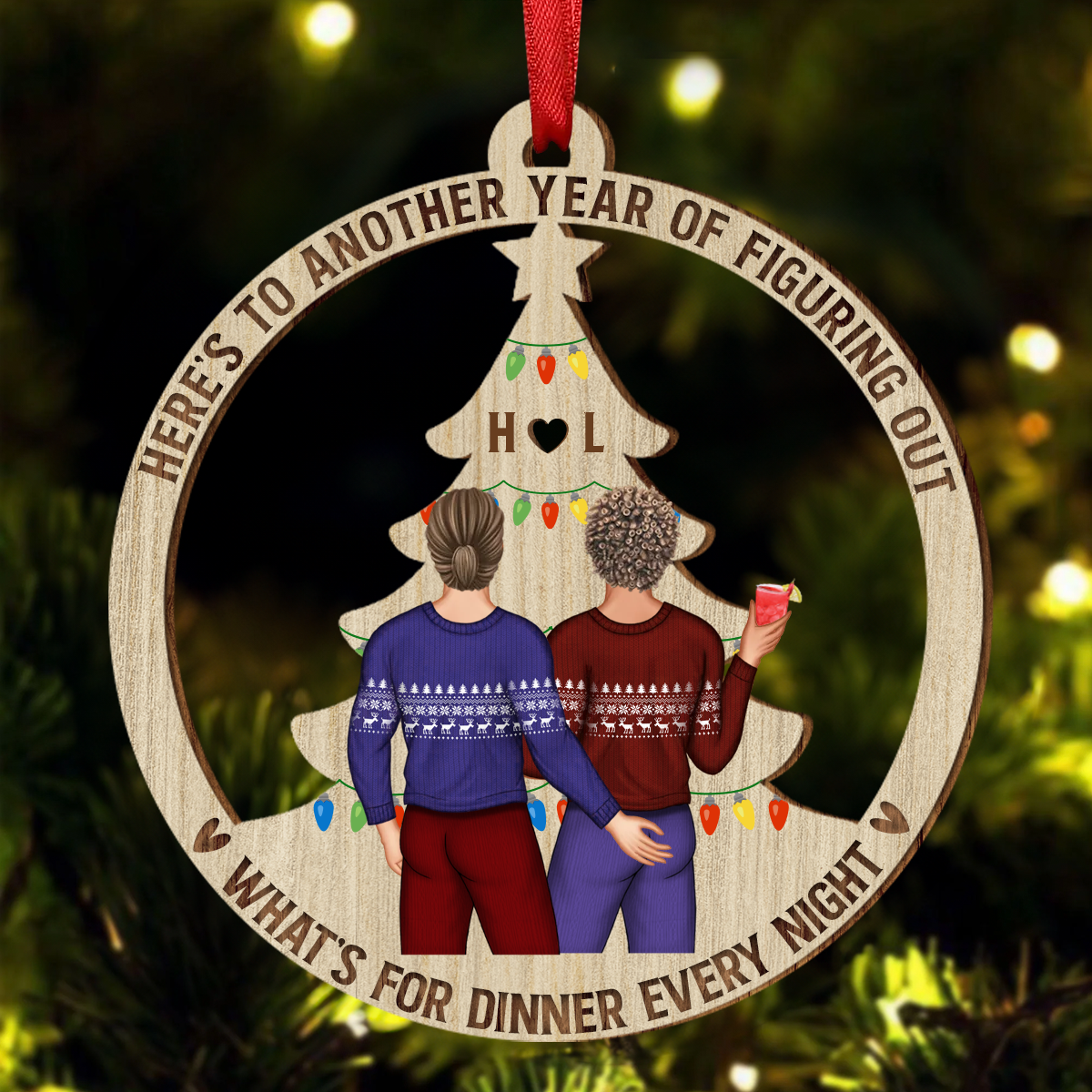 Christmas Couple Figuring Out Dinner - Personalized Wooden Cutout Ornament