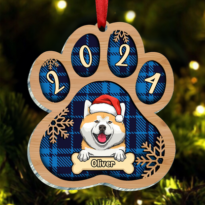 Personalized Custom Paw Shaped Wood Christmas Ornament - Dog, Cat And Snow - Plaid Buffalo Pattern - Customized Decoration Upload Image, Gift For Pet Lovers