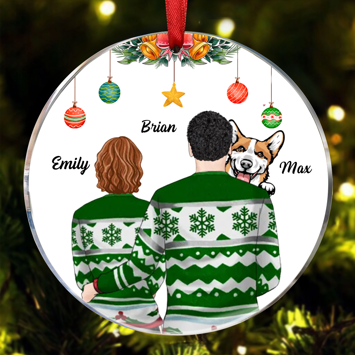 Couple With Peeking Dog Christmas Personalized Circle Ornament