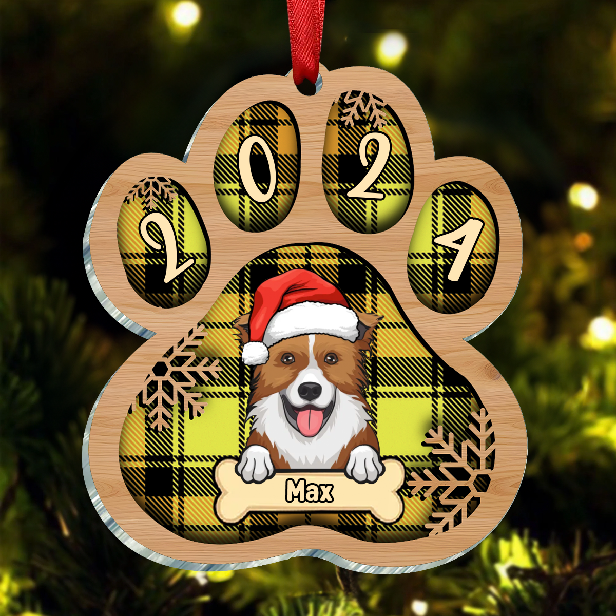 Personalized Custom Paw Shaped Wood Christmas Ornament - Dog, Cat And Snow - Plaid Buffalo Pattern - Customized Decoration Upload Image, Gift For Pet Lovers