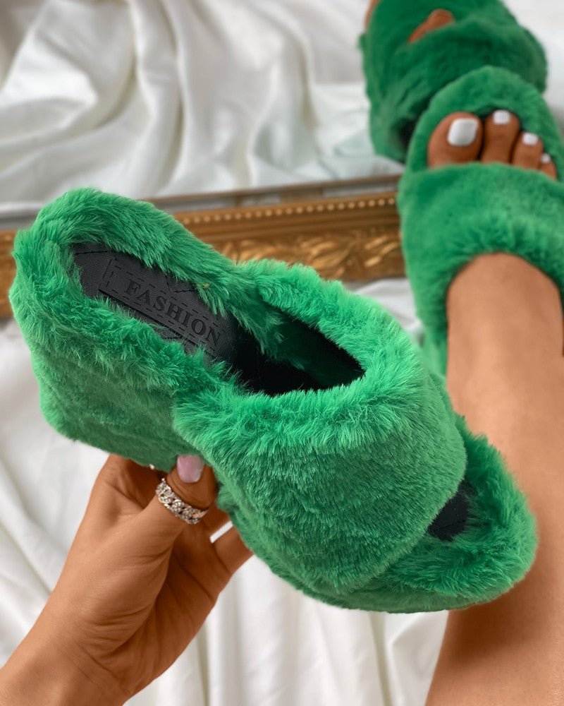 Round Toe Fluffy Wedge Slippers - Makezbright Gifts