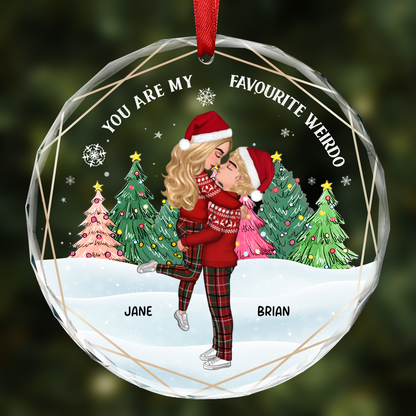 Christmas Couple Cartoon You Are My Favorite Weirdo - Personalized Circle Glass Ornament