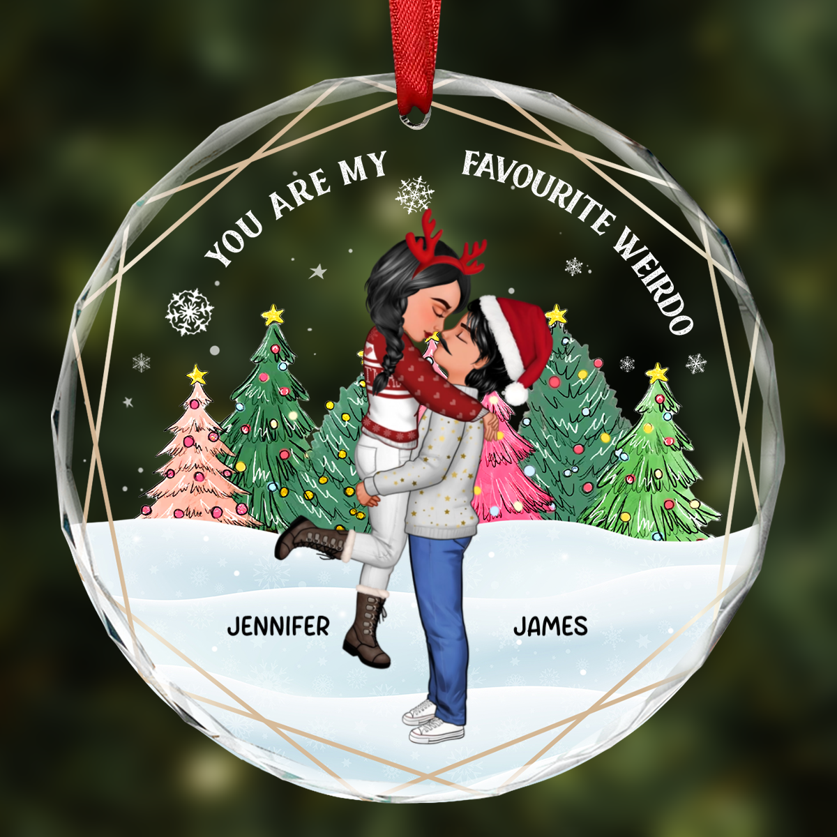 Christmas Couple Cartoon You Are My Favorite Weirdo - Personalized Circle Glass Ornament