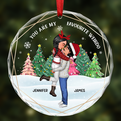 Christmas Couple Cartoon You Are My Favorite Weirdo - Personalized Circle Glass Ornament