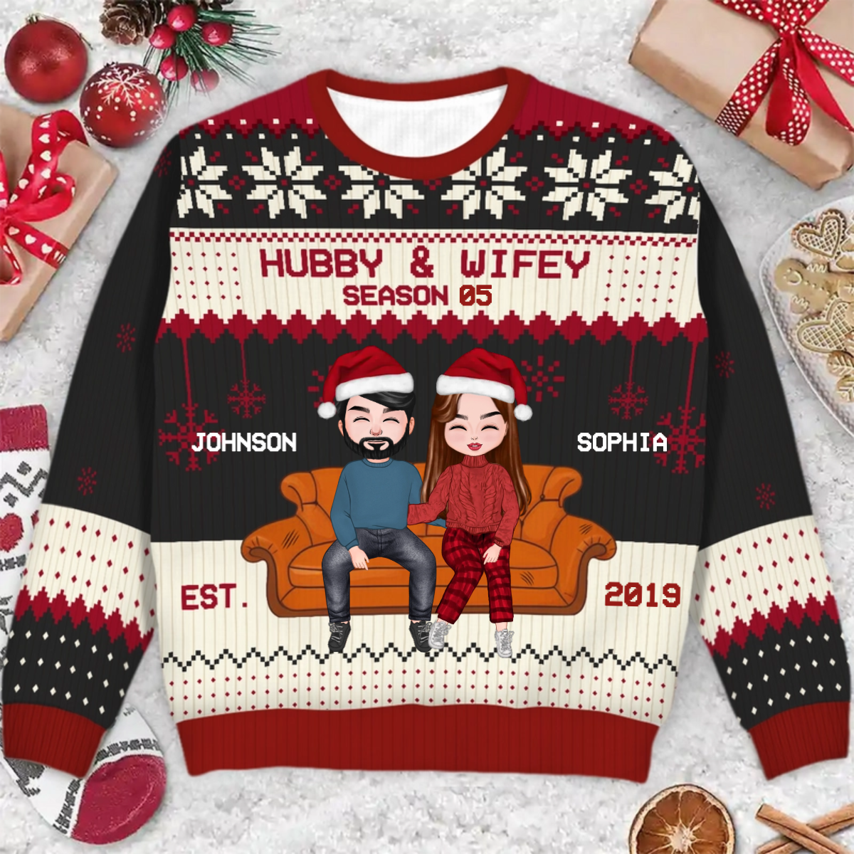 Christmas Couple Hubby & Wifey Season - Gift For Couples - Personalized Unisex Ugly Sweater