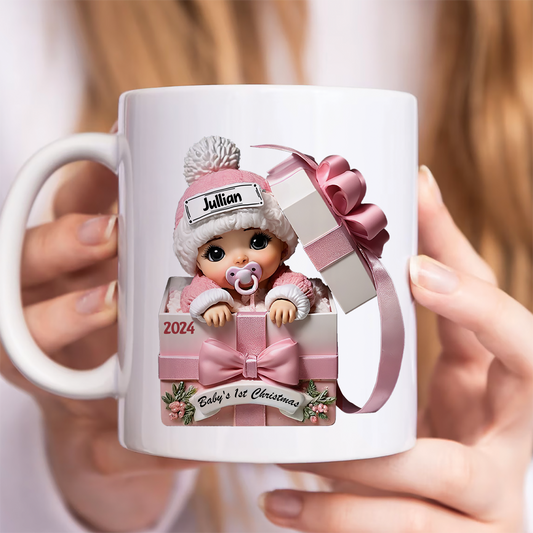 Baby Inside Gift Box 3D Effect Personalized Mug, Lovely Keepsake to Celebrate Baby's First Christmas