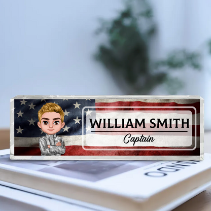 Proud Occupation Patriotic American Flag Personalized Acrylic Desk Name Plate, Gift For Boyfriend Girlfriend Husband Wife, Appreciation Gift