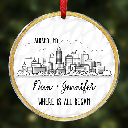 Couple City Skyline Where It All Began - Personalized Circle Acrylic Ornament