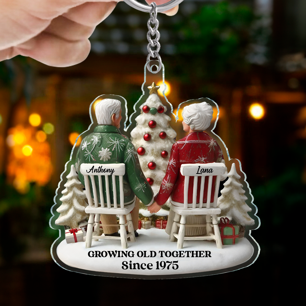 3D Effect Old Couple Growing Old Together Christmas Personalized Flat Acrylic Keychain, Christmas Gift For Him, For Her, Husband, Wife