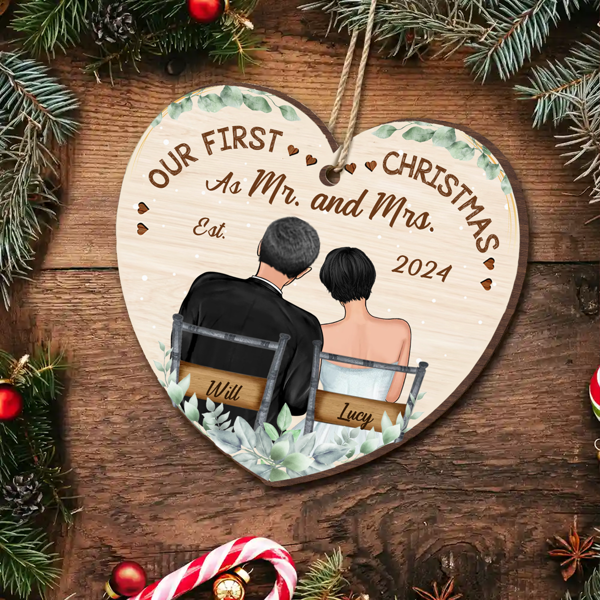 Our First Christmas Married Couples - Personalized Custom Shaped Wooden Ornament