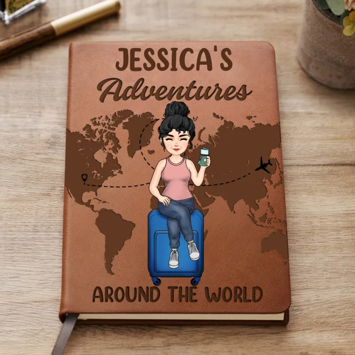 Travel Lovers - My Adventures Around The World - Personalized Leather Journal - Makezbright Gifts