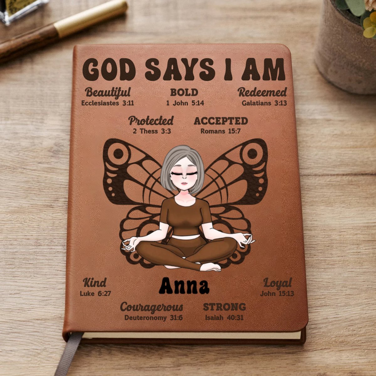 Yoga Lovers - God Says I Am - Personalized Leather Journal (TB) - Makezbright Gifts